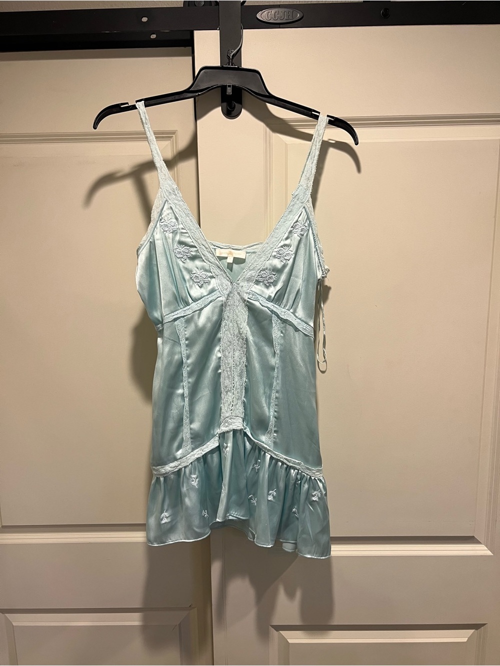 LoveShackFancy Light Blue Navie Lace-Trimmed Embroidered Satin Mini Dress
